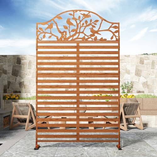 Metal Outdoor Privacy Screen, Decorative Privacy Panel with Tree Bird Design, Weatherproof Freestanding Modern Privacy Fence Divider for Patio, Deck, Backyard, Porch & Balcony (1, Walnut) - color: Walnut