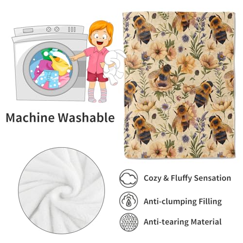 Bumblebee and Floral Blanket Bee and Wildflower Yellow Throw Blankets Gifts for Girls Boys Adults Lightweight Soft Fleece Cozy for Sofa Couch Bed Room Travel Birthday Decor 50x60in - color: Bee, size: 50x60in