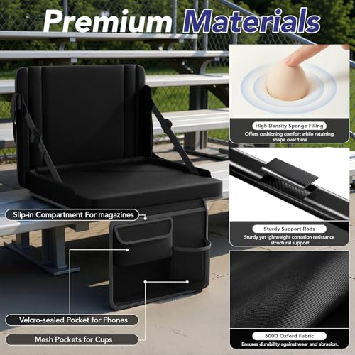 Stadium Seats with Back Support 1PACK Adjustable Bleacher Chairs with Back and Cushion Bleacher Seat with Cup Holder, Carry Handle & Shoulder Strap for Outdoor Sports Events, Picnics - color: Black-1pc-large