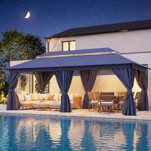 LAUSAINT HOME 10'x20' Outdoor Patio Gazebo, Heavy Duty Party Tent & Shelter with Double Roofs, Mosquito Nettings and Privacy Screens for Backyard, Garden, Deck (Navy Blue) - color: Navy Blue, size: 10'x20'