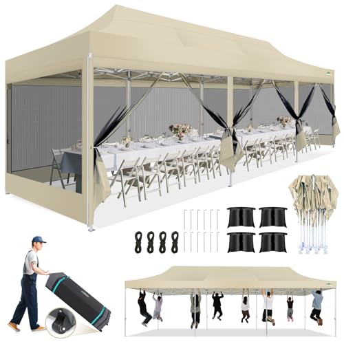 COBIZI 10x30 Canopy Tent, Heavy Duty Pop up Canopy with Sidewalls, Waterproof Easy Setup Tent with Mosquito Netting, Outdoor Instant Screen Tents for Parties, Wedding with Roller Bag, Khaki - color: Khaki, size: 10x30ft