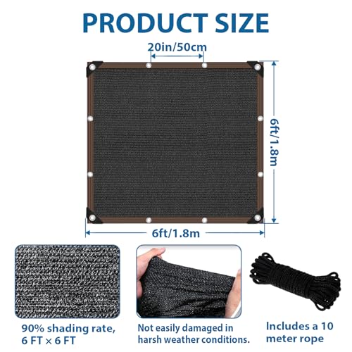 6 x 6 FT Shade Cloth for Garden Plants Greenhouse, 90% Sunblock Neting -for Outdoor Garden Lawn Plant Sun Shade Cloths for Kennel Chicken Coop Easier to Hang Net Cover - color: Black, size: 6 x 6 FT