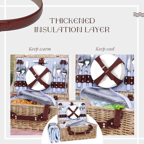 Picnic Baskets Wicker Willow Picnic Set for 4 Persons with Insulated Cooler Bag and Waterproof Blue Picnic Blanket Gift for Christmas Thanksgiving Wedding Birthday Camp Outdoor Beach Travel - color: Light Blue