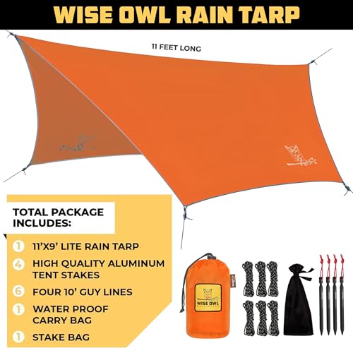 Wise Owl Outfitters Hammock Rain Fly – Waterproof Camping Tarp Cover with Tent Stakes & Carry Bag, Ultralight Shelter for Backpacking & Outdoor Shade - color: Orange, size: Standard (26 oz)