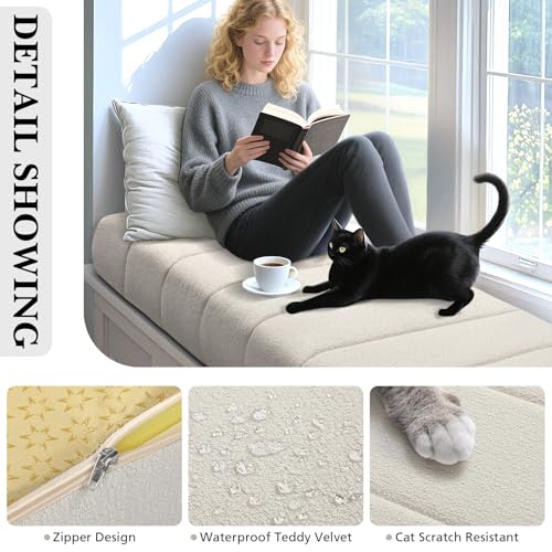 Wenqik Bench Cushion 48x18x4 Inch for Indoor Outdoor Furniture Tufted Thicken Bay Window Seat Cushion Non Slip Waterproof Dining Piano Bench Pad Pillow Anti Cat Scratch for Patio Porch Swing, Beige - color: Beige, size: 48x18x4 Inch