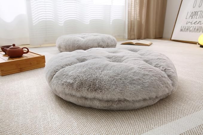 Large Floor Pillow Meditation Cushion Round Floor Cushions for Adults,Luxury Faux Fur Thick Floor Pillows for Sitting Put in Living Room Balcony Outdoor Tatami（Grey） - color: Light Grey