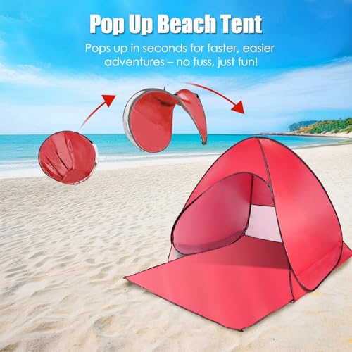 Pop Up Beach Tent, Sun Shelter for 2-3 Person, Sun Shelter with UPF 50+ & Lightweight, Portable Beach Tent Easy Pop Up for Outdoor Camping Fishing - style: Red