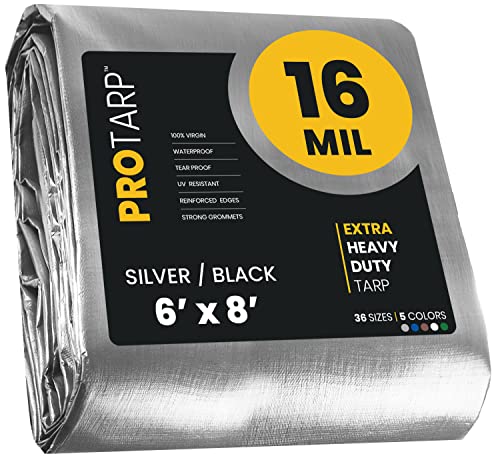 Extra Heavy Duty 16 Mil Tarp Cover, Waterproof, UV Resistant, Rip and Tear Proof, Poly Tarpaulin with Reinforced Edges for Roof, Camping, Patio, Pool, Boat. (Silver/Black 6′ X 8′) - color: Silver/Black-16 Mil, size: 6′ X 8′
