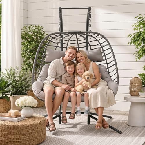 2 Person Hanging Egg Chair with Stand for Outdoor, Patio Hand Made Rattan Wicker Double Egg Swing Chairs Hammock Chair with UV Resistant Cushion and Metal Frame, Porch Swing Loveseat for Backyard - color: Light Grey