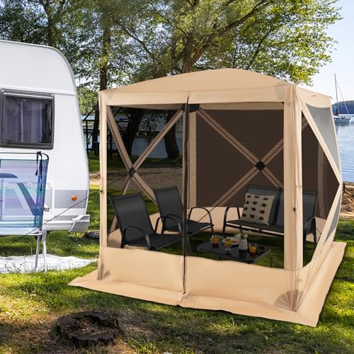 Tangkula 6.7x6.7 Ft Pop Up Gazebo with Netting, Portable Screen Tent with 4 Sided Mesh Walls, 2 Sunshade Cloths, UV 50+ Instant Canopy Shelter with Carry Bag for Camping, Lawn, Backyard - color: Coffee, size: 6.7x6.7 Ft