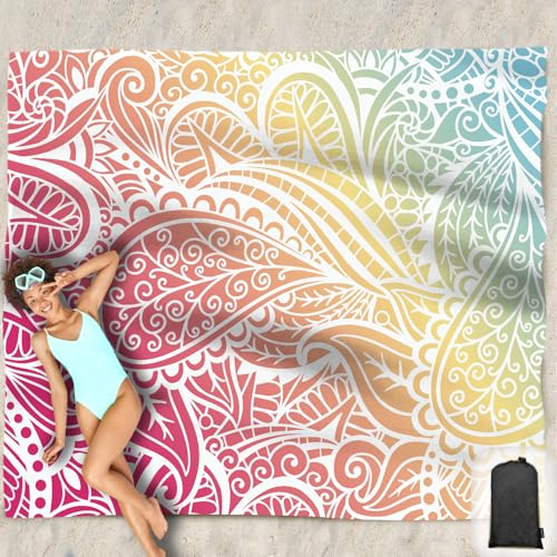 Beach Blanket Waterproof Sandproof Oversized 95”x 80”,Sand Free Beach Mat with Corner Pockets,Portable Mesh Bag for Beach Festival,Picnic,Travel and Outdoor Camping (Ombre Rainbow) - color: Ombre Rainbow