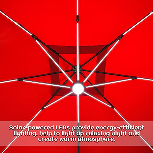 Sunnyglade 10x10ft Solar Powered LED Cantilever Patio Umbrella Square Deluxe Offset Umbrella 360°Rotation & Integrated Tilting System & LED lights for Market Garden Deck Pool Backyard Patio - color: Red, size: 10X10FT