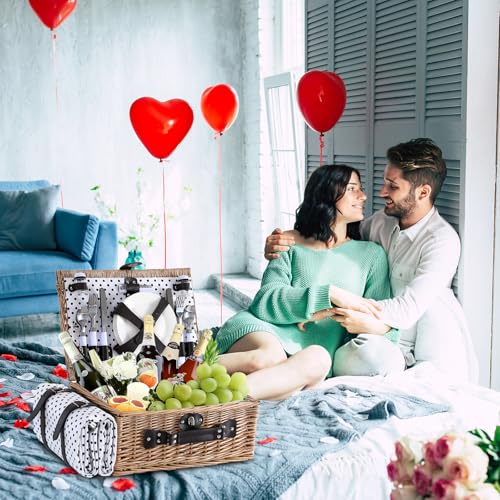Picnic Basket for 4 Persons with Waterproof Picnic Blanket and Insulated Cooler, Large Wicker Picnic Basket for Camping, Outdoors, Valentine's Day, Christmas, Birthday, Wedding Gift - color: Brown＆white Spots