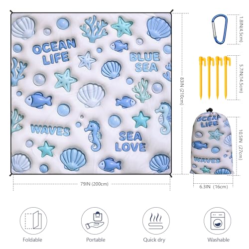 HIHOHO Beach Blanket Waterproof Sandproof Extra Large Beach Mat 79" X 83"/120"x108"for 1-8 Adults Quick Drying Durable Outdoor Picnic Mat for Beach Travel Camping Hiking - color: 3d Ocean, size: 79" X 83"（1~3 person）