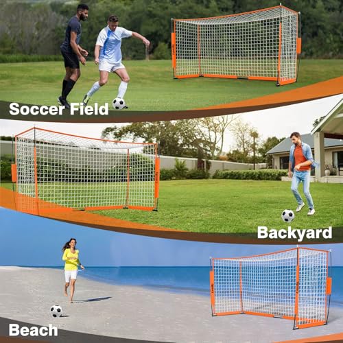 Portable Soccer Goal, Detachable 12x6 FT Soccer Goals Net for Backyard, Quick Setup Training Equipment with 1 Carry Bag, 12 Training Cones - color: Orange