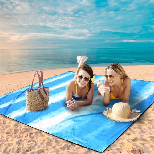 WIWIGO Beach Blanket Waterproof Sandproof Beach Mat 79" X 83"/10'x9'for 2-8 Adults Quick Drying Outdoor Picnic Mat Beach Accessories for Travel, Camping, Hiking - color: Blue and White Stripes, size: 79" X 108"（1-6person）