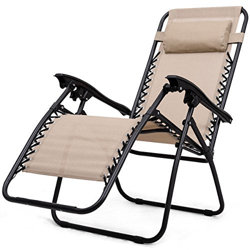 Giantex 3 PCS Zero Gravity Chair Patio Chaise Lounge Chairs Outdoor Yard Pool Recliner Folding Lounge Table Chair Set Backyard Lounge Chairs (Beige) - color: Beige