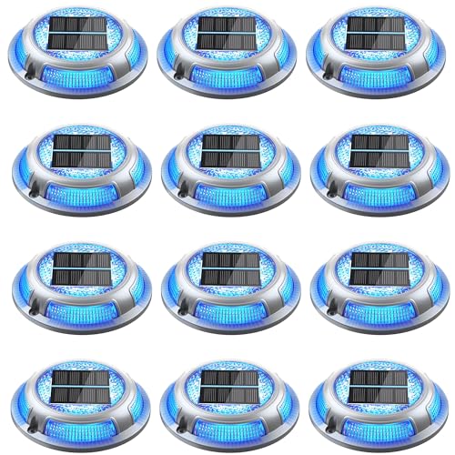 Solar Driveway Lights, 12 Pack Heavy Duty Driveway Lights Solar Powered 2 Color Mode (Cool White/Blue) IP68 Waterproof Outdoor Solar Deck Lights with Ground Stake for Pathway Garden Yard Walkway Dock - color: Cool White & Blue, size: 12 Pack