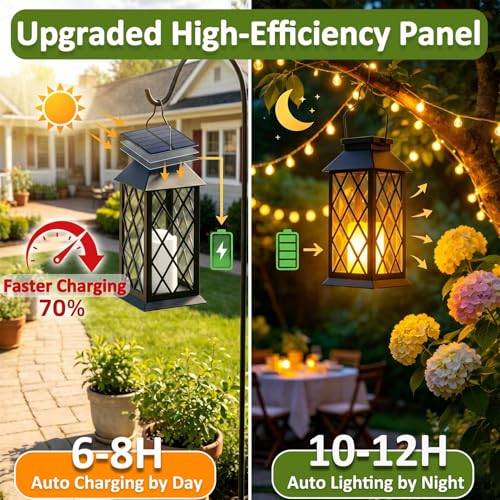 Solar Lanterns Outdoor Waterproof, Flickering Candles Hanging Solar Lights for Outside Garden Patio Wall Porch Decorative, Lamp with Upgraded Solar Panel, Tempered Glass & Clip, Black 2 Pack - style: Black*2, 4.2*4.2*8.7in