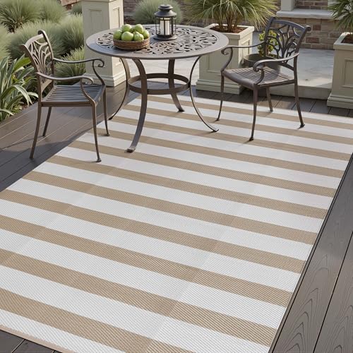 PureCozy Outdoor Waterproof Patio Rug 6x9 Plastic Straw Reversible Lightweight Outside Beige Striped Large Carpet Outdoor for Camping RV Porch Deck Balcony Beach - color: Stripe | Beige, size: 6' x 9' (Rectangular)