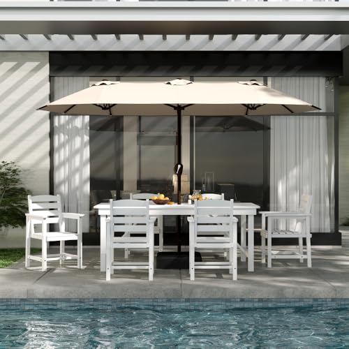 Outdoor HDPE Dining Set 7 Pieces, Patio Table with Umbrella Hole and 6 Chairs, All Weather Patio Furniture for Lawn, Garden, Backyard, Deck, Poolside, Heavy Duty Outdoor Dining Table and Chairs, White - color: White, size: 7-Piece (1 Table + 6 Chairs)