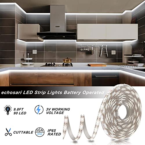 echosari Battery Operated Led Strip Lights White with Remote, 8 Modes, Dimmable, Timer, Self-Adhesive, Cuttable, for PC TV Kitchen Cabinet Shelves Bedroom Decor (3m 90LED) - color: Cool White, size: 9.8Ft