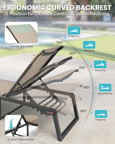 Aluminum Chaise Lounge Chair Outdoor, Foldable& No Assembly Patio Pool Lounge Chairs 5-Position Recliner for Outside, Fully Grounded Legs Sun Lounger for Poolside, Khaki, 2 Pack - color: Khaki, size: 2