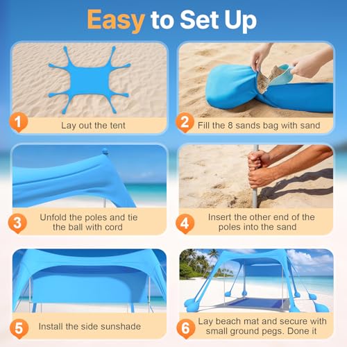 HOPERAN Beach Tent Sun Shelter, UPF50+ UV Protection, 10x10FT Pop Up Shade Beach Canopy Windproof for Outdoor Camping, Fishing, Picnics with 8 Sandbags, 1 Beach Mat, 1 Sideshade, 4 Stability Poles - color: 10x10 FT Sky Blue