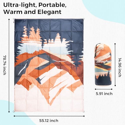 SUNNYFEEL Warm Camping Blanket, Packable Printed Blanket for Cold Weather, Waterproof Outdoor Blanket with Snap Buttons, Wearable Shawl for Camping, Hiking, Stadium, Picnic (55"x79") - color: Mountains