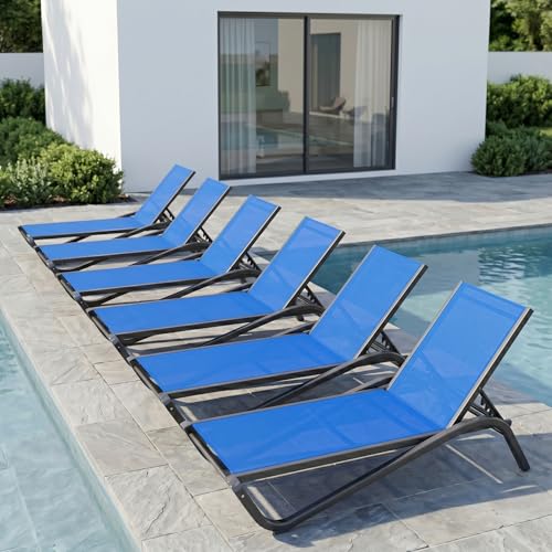 Patio Chaise Lounge Chairs Set of 6, All-Weather Aluminum Pool Loungers for Outside, 5-Position Adjustable Sunbathing Chairs for Tanning, Stackable for Backyard, Poolside, Cobalt Blue - color: Cobalt Blue, size: Set of 6