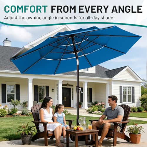 AreShark 9ft 3-Tier Patio Umbrellas, Outdoor Umbrella with 8 Sturdy Ribs UV Protection Windproof, Market Table Umbrella w/Push Button Tilt & Crank for Pool, Porch, Deck, Garden(Royal Blue) - color: Royal Blue