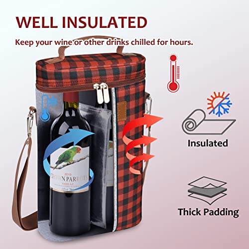 Tirrinia 2 Bottle Wine Gift Tote Carrier - Leakproof & Insulated Padded Versatile Cooler Bag for Travel, BYOB Restaurant, Tasting, Party, Dinner - Gift for Lovers, Red Checker - color: Red Checker, size: 2 Bottle-without front pocket