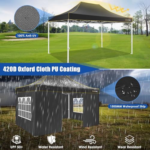 HOTEEL Canopy Tent 10x15 Heavy Duty Pop Up Canopy with Sidewalls, Party Tent with Roller Bag for Event Wedding, Upgraded Commercial Waterproof Instant Canopy, Thick Hexagonal Legs, UPF50+, Black - color: Black, size: 10x15FT (+4 Walls)