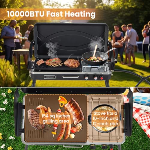 HAPPYGRILL Portable Camping Stove, 2-Burner Propane Grill Cooker with Removable Leg Stand, Roast Grill, Dual Control Knobs, Wind Guards, Outdoor Gas Grill for Camping BBQ Picnic (Black) - color: Black