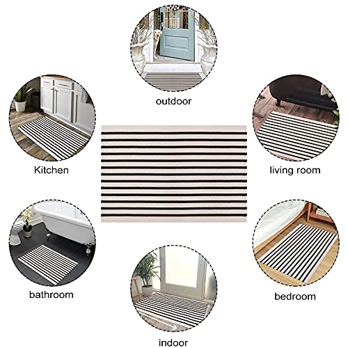 LEEVAN Black and White Striped Patio Outdoor Rug 5x8, Washable Living Room Bedroom Area Rug, Soft Cotton Blend Sturdy Carpet for Kitchen, Dining Room, Playroom, Mudroom, Sunroom - color: Black and White, size: 5' x 7'10" (Rectangular)