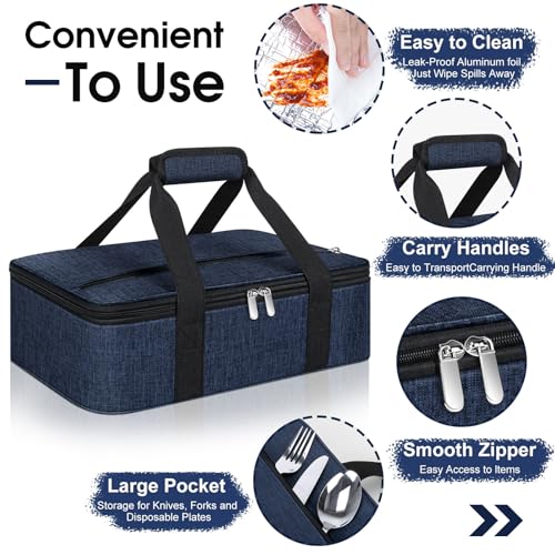 Insulated Casserole Carrier, Portable Casserole Carrier for Hot or Cold Food Lunch Tote Warmer or Cooler Bag, Lasagna Lunch Bag for Potluck Parties- Fits 9" x 13" Baking Dish-Navy blue - color: Navy Blue, size: 16x10x4 in
