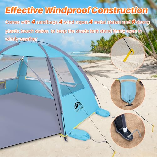Happy Travel Beach Tent, UPF 50+ UV Protection Sun Shade Shelter for 3/4/5/6/7/8 Person, Portable Beach Canopy for Family & Baby, Lightweight & Easy Setup Beach Cabana with 3 Ventilation Mesh Windows - color: Light Blue, size: 3 Person