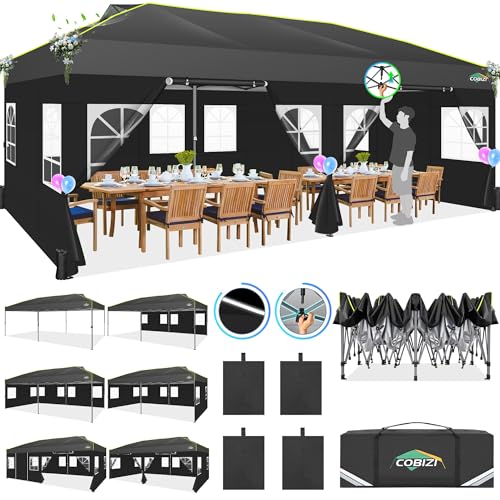 COBIZI 10x20 Pop Up Canopy with 6 Sidewalls One Push Setup Outdoor Event Shelter Waterproof UPF 50+ Gazebo Tent with Carry Bag,Air Vent,Sandbag for Wedding, Commercial, Party,Black - color: Black(1-year warranty), size: 10x20ft With 6 Sidewalls