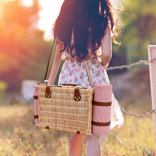 Picnic Basket with Blanket and Wine Pouch for 4, Wicker Picnic Set with Insulated Liner Cooler Bag Hamper for Camping,Wedding - Red Gingham - color: Red Gingham With Blanket for 4