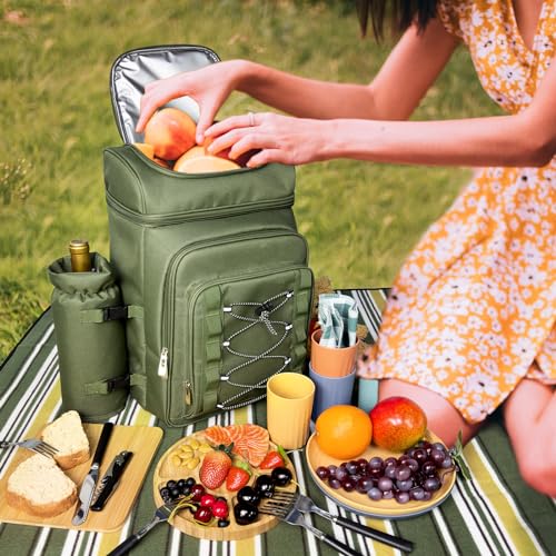 Hap Tim Picnic Basket Backpack for 4 Person with Blanket, Insulated Leakproof Cooler Compartment, Wine Holder, Cutlery Set, Engagement Gifts for Couples, White Elephant Gift Ideas, Green (36221-GR) - color: Green