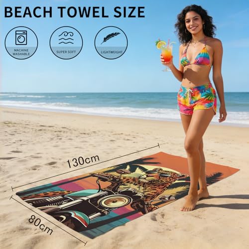 Microfiber Leopard Towels, Funny Leopard Riding Motorcycle Beach Towels for Kids Adults, Quick Dry Sand-Free Motocross Cheetah Print Bath Towels for Bathroom Swimming, Oversized 32x52 - color: Leopard