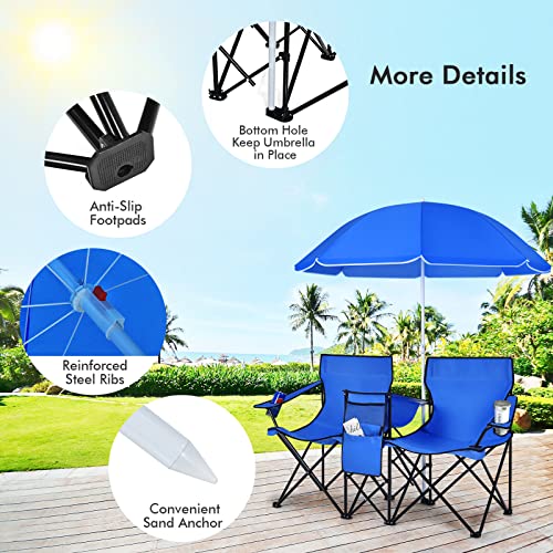 COSTWAY Double Portable Picnic Chairs, Folding Camping Chairs w/Detachable Umbrella, Cooler Bag, Cup Holders, Patio Beach Camping Chairs for Outdoors, Blue - color: Blue