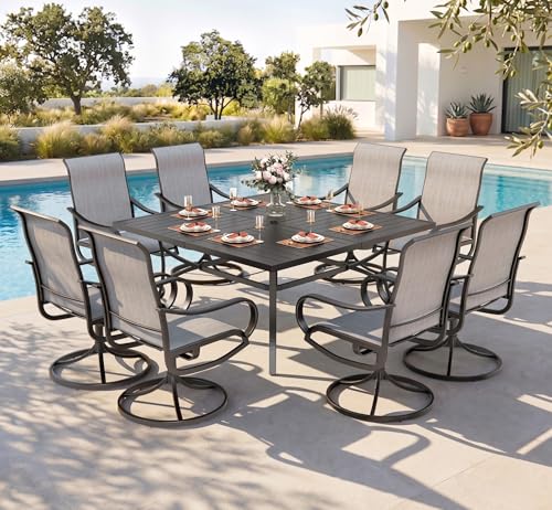 PHI VILLA 9 Piece Outdoor Patio Dining Set, Large Square Metal Dining Table and 8 Outdoor Swivel Dining Chairs, Patio Table and Gray Chair Furniture Dining Set for 8 Person - color: Grey Fabric, size: 60"L x 60"W x 29"H-9 Piece-Metal