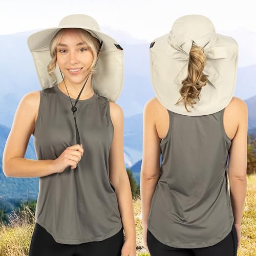 SUN CUBE Wide Brim Sun Hat with Neck Flap, UPF50+ Hiking Safari Fishing Hat for Men Women, Sun Protection Beach Hat - color: Beige With Bow