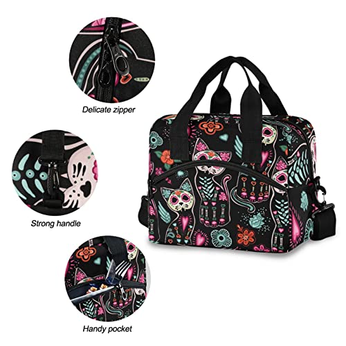 Death and Halloween Cats Insulated Lunch Bag Reusable Lunch Tote Bag Cooler Bag for Women Men Adult Lunch Box with Adjustable Shoulder Strap Leakproof Lunch Bag for Work School Picnic Camping - color: Death and Halloween Cats