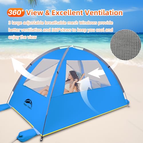Happy Travel Beach Tent, UPF 50+ UV Protection Sun Shade Shelter for 3/4/5/6/7/8 Person, Portable Beach Canopy for Family & Baby, Lightweight & Easy Setup Beach Cabana with 3 Ventilation Mesh Windows - color: Dark Blue, size: 3 Person