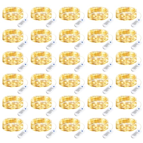 Minetom 30 Pack Fairy Lights Battery Operated String Lights 8 Modes, 7ft 20LED Warm White Waterproof Silver Wire Twinkle Lights, Firefly Starry Moon Lights for Mason Jars DIY Christmas Wedding Party - color: Warm White, size: 30 Pack