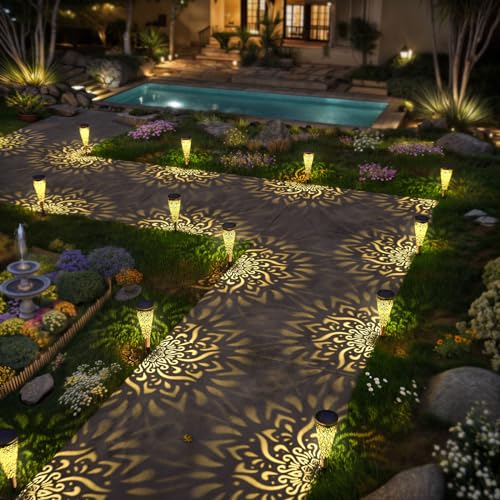 6 Pack Solar Lights Outdoor Garden Decorative Mandala Solar Garden Lights with Warm Light Waterproof Solar Pathway Landscape Lights for Path Backyard Walkway Yard Decor, Gardening Gifts for Women - color: Gold