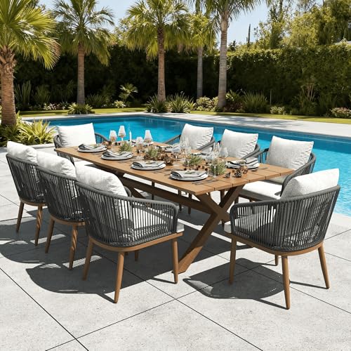 LayinSun 9 Pieces Outdoor Patio Dining Set, Aluminium Rectangular Dining Table and Wicker Rattan Chairs Set for Outside Backyard, Poolside - color: Teak, size: 9 PCS-80'' Rectangular Table