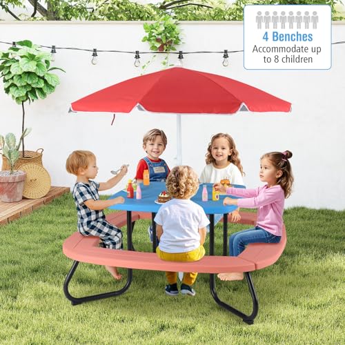 HONEY JOY Kids Picnic Table, 8 Person Toddler Outdoor Table and Chair Set, 4 Built-in Benches, Removable Umbrella, Metal Frame & HDPE Top, Children Outdoor Furniture for Backyard Patio Garden (Red) - color: Red